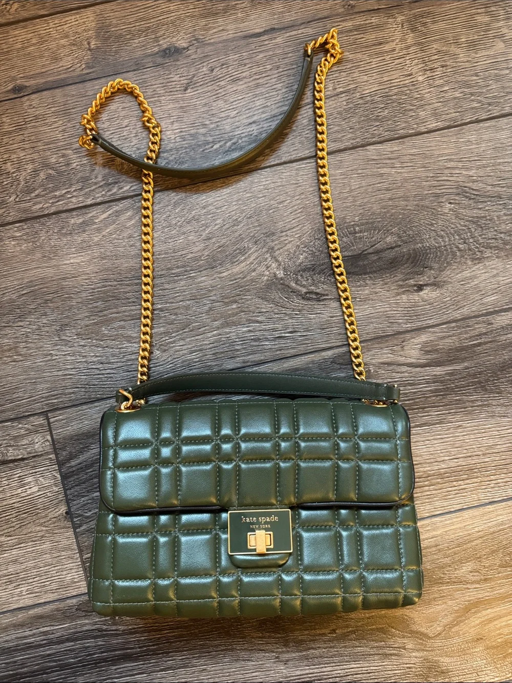 Kate Spade Quilted Olive Green Leather Chain Shoulder Bag with Gold Hardware